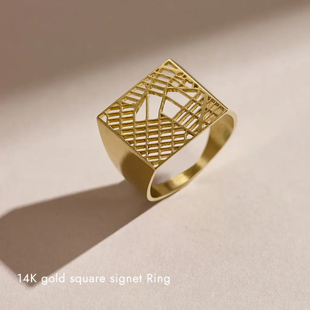 14k Yellow Gold Square Map Ring